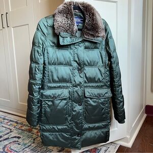 Lands' End Women's Forest Green PrimaLoft Insulated Puffer Coat Faux Fur Collar